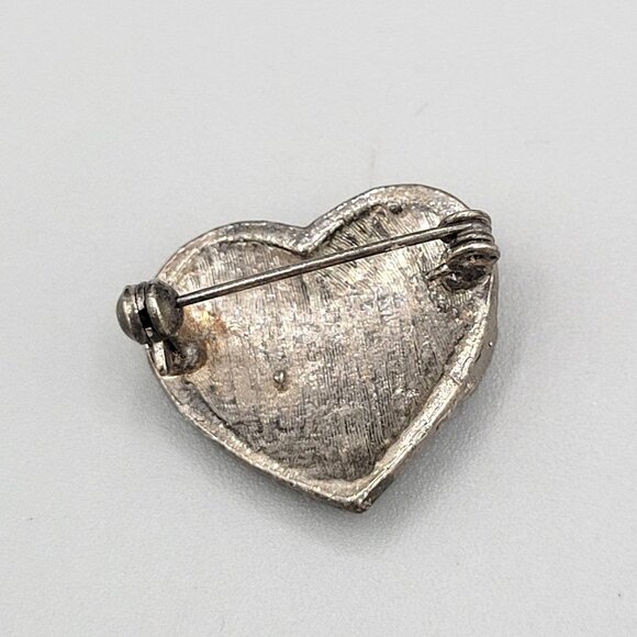 Sterling Silver Marcasite Small Heart Shaped Brooch Pin Textured Black Crystals - Picture 5 of 7